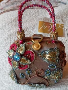 MARY FRANCES Floral Handbag /Purse in Brown, Pink, Blue, Green. New With Tags!